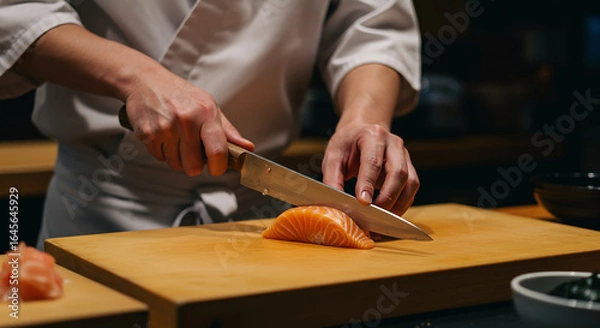 Obraz Sushiman preparing salmon sashimi