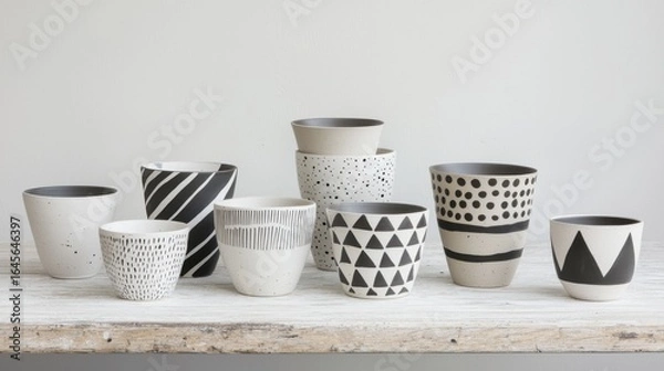 Obraz Ceramic cups with minimalist black white patterns displayed on weathered wooden shelf, showcasing modern design and artisan craftsmanship