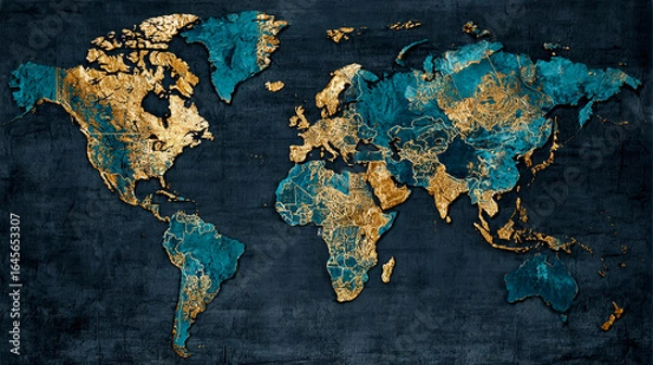 Fototapeta A world map made of gold and teal, with a dark black background