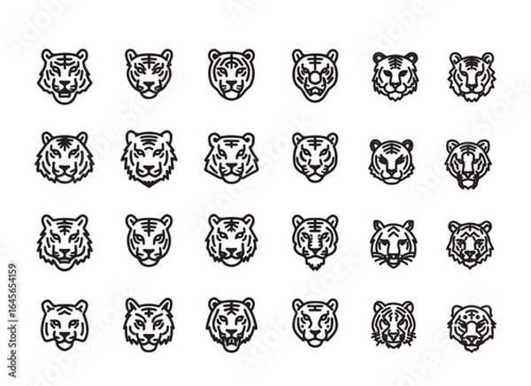 Fototapeta Tiger head icon set, Tiger head set, Cat head minimal, Tiger face icon silhouette Icon bundle, Roaring tiger head on white background