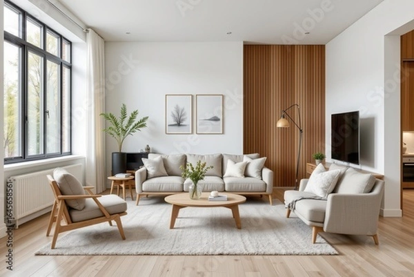 Fototapeta modern scandinavian fusion mixes geometric modern furniture with light wood and soft fabrics to create balanced interiors that emphasize light airy simplicity and cozy functionality.