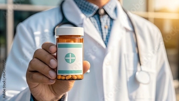 Obraz Doctor holding a bottle of pills with a white label and a green cross symbol on it in his hand