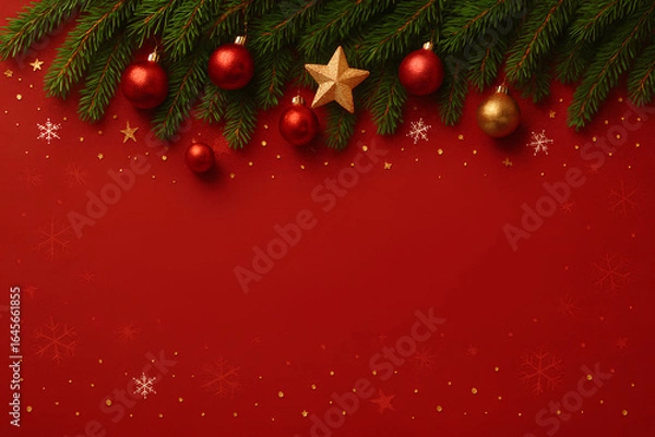 Fototapeta Red Christmas background decorated with green pine branches, Christmas balls and space for text.