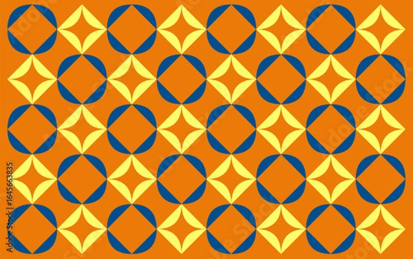 Fototapeta seamless pattern with golden stars. Simple geometric ethnic style pattern featuring alternating blue and yellow quadrant-filled squares on a vibrant orange background. Floral background design