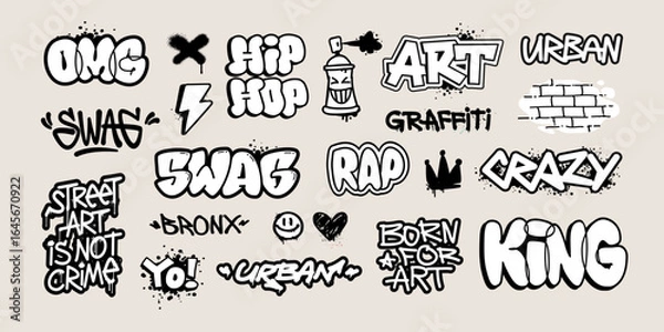 Fototapeta Trendy Graffiti tags and Street Art vector collection. Doodle Street art words and quotes: SWAG, King, Graffiti, Rap and Hip-Hop grunge elements for patterns and tee print design
