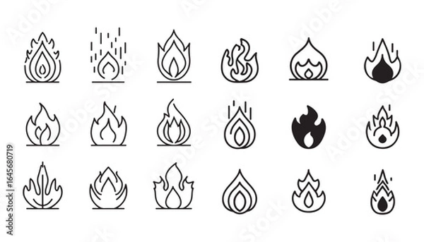 Fototapeta Set of simple and clean vector illustrations of fire icons in black and white, ideal for web design, app interfaces, warning signs and graphic projects on a white background.
