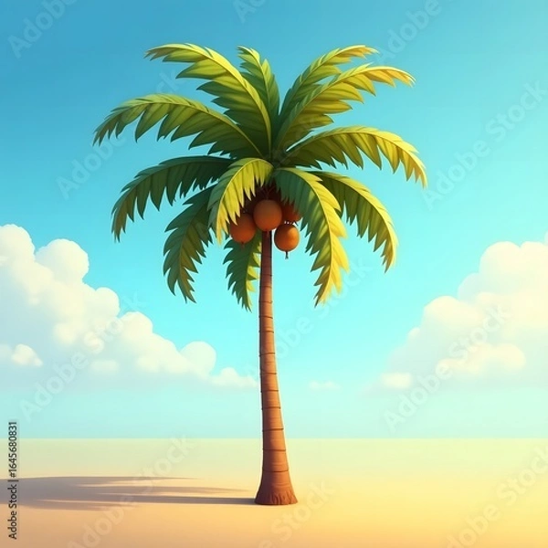Fototapeta Single tall palm tree standing proudly on a sandy beach under a bright blue sky