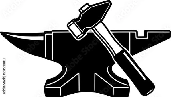 Fototapeta Blacksmith Anvil and Hammer: Vector Outline Illustration
