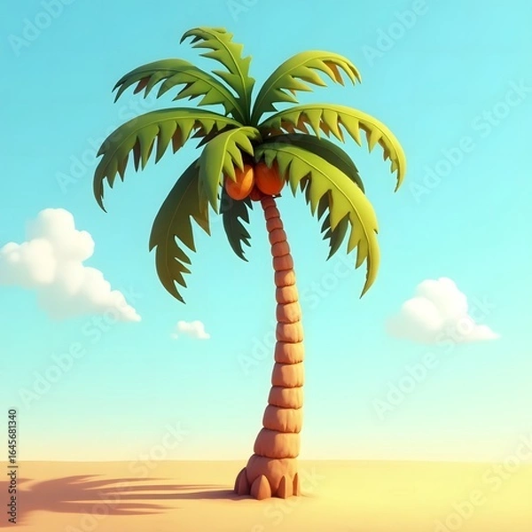 Fototapeta Stylized palm tree with coconuts on a sandy beach under a bright blue sky