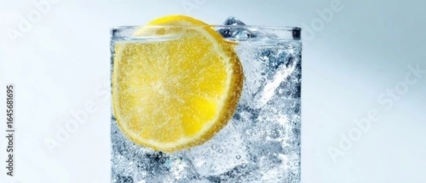 Obraz The Lemon Slice in Ice Glass of Refreshing Water Under Bright Studio Light