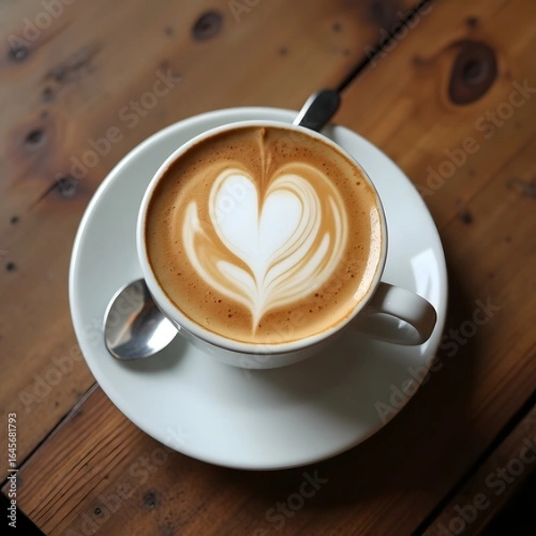 Fototapeta Overhead view of a delicious latte with heart art on a wooden table