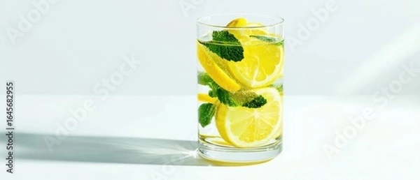 Obraz The Glass of Lemon Water with Mint Slices in Bright Studio Light