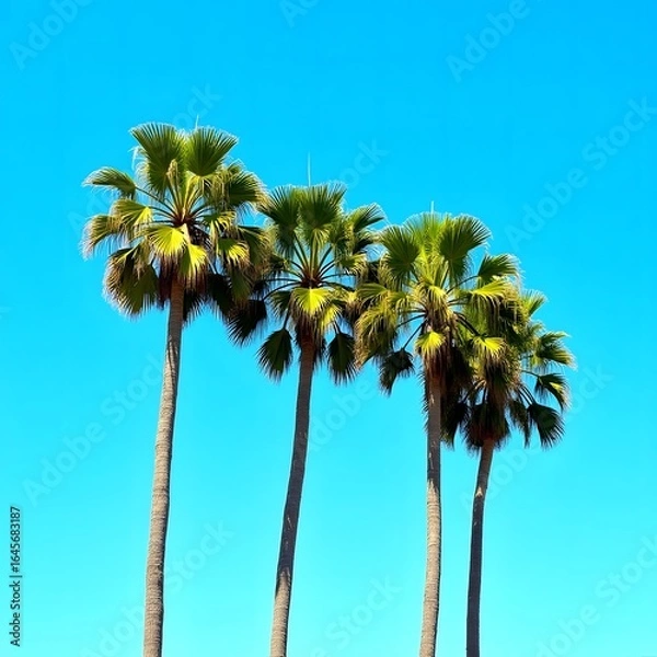 Fototapeta Three tall palm trees against a bright blue sky