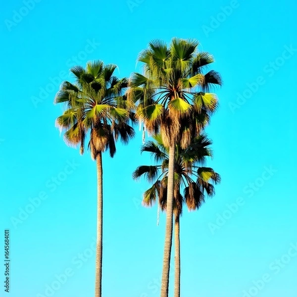 Fototapeta Three tall palm trees against a bright clear blue sky