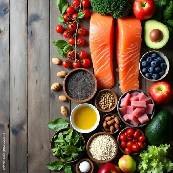 Fototapeta Healthy food assortment with salmon avocado berries and vegetables on rustic wood