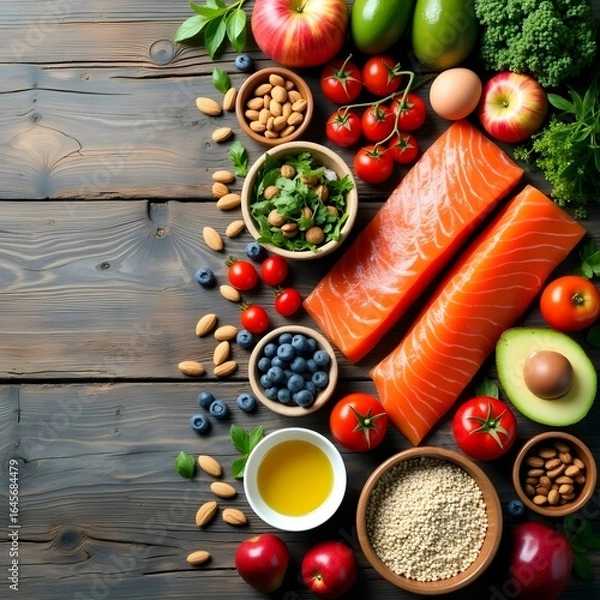 Fototapeta Healthy food variety with salmon avocado berries nuts and apples