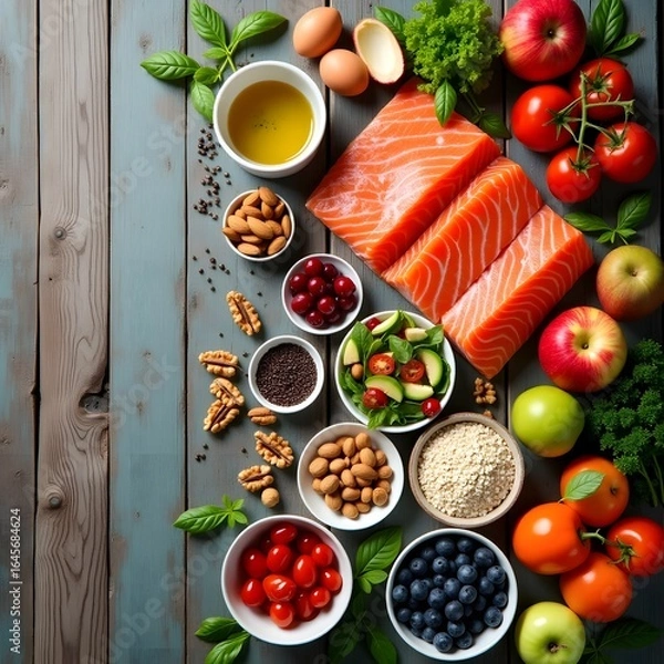 Fototapeta Fresh salmon fillets with assorted fruits vegetables nuts and olive oil