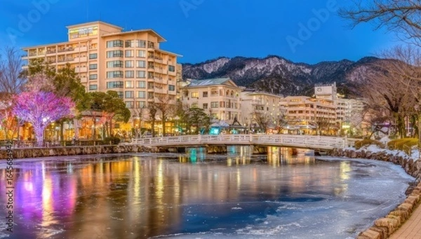 Fototapeta Panoramic view of a town by a frozen lake at twilight.  Colorful buildings, a bridge, and mountains in the background.  Illuminated trees and reflections on the ice-covered water