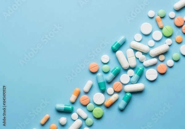 Obraz Colorful pills and capsules arranged on a vibrant blue backdrop