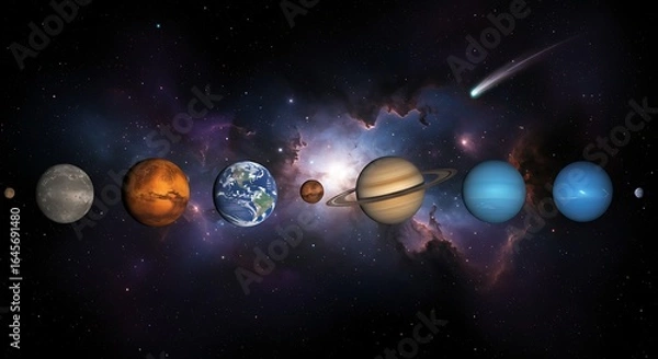 Fototapeta Colorful Planetary System Displayed Against Dark Nebula Background