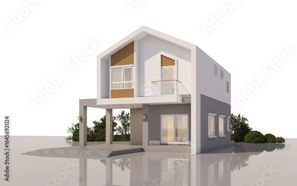 Fototapeta Architecture 3d rendering illustration of modern  house on white background