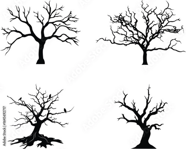Obraz black tree set, leafless tree set, dead tree set, mono color trees, 2d vector illustration