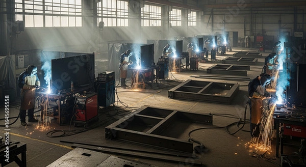 Obraz A spacious industrial welding workshop with multiple welding stations
