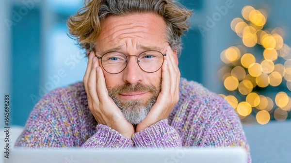 Fototapeta Home sick, A man watches home videos on a laptop, showing visible tears during a touching moment.