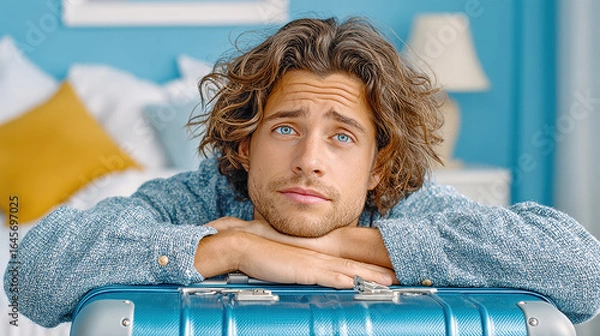 Fototapeta Home sick, A weary traveler rests in an unfamiliar room, capturing a moment of exhaustion and exploration.