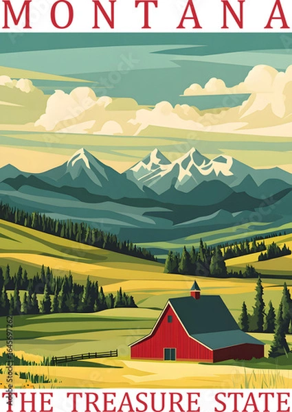 Obraz Montana State Travel Wall art Poster, Montana State Illustration For Wall Hanging Home Decoration Travel Poster