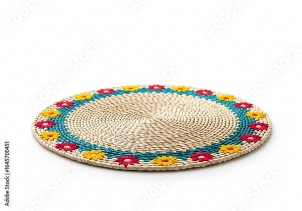 Fototapeta Colorful natural mat from straw with decorative patterns isolated on white background