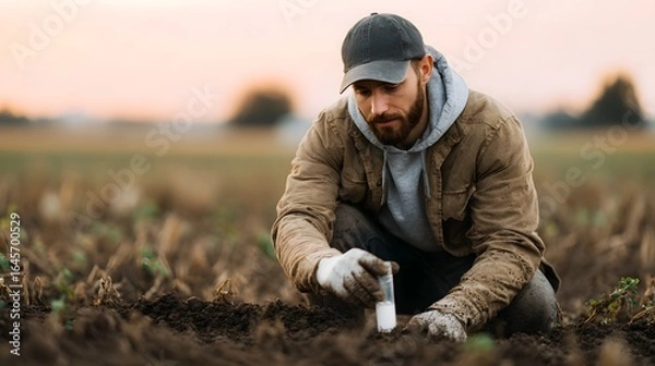 Fototapeta Agronomist analyzing soil samples in rural field