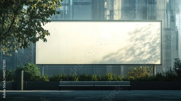 Fototapeta Blank billboard mockup in urban setting with bench and trees.