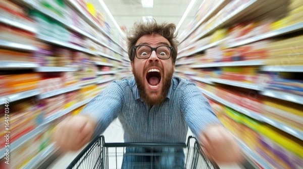 Fototapeta A man with a shocked expression speeds through a supermarket aisle in a shopping cart.
