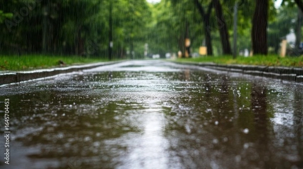 Fototapeta Wet pavement path in park after rain.