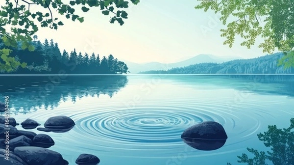 Fototapeta Serene lake scene with calm water, ripples, rocks, and forest in background.