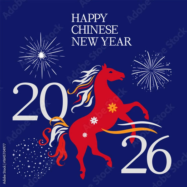 Fototapeta Chinese New Year 2026 greeting card design. Year of the Horse. Golden Horse Chinese Zodiac Symbol with fireworks and stars. Blue background. Square composition.