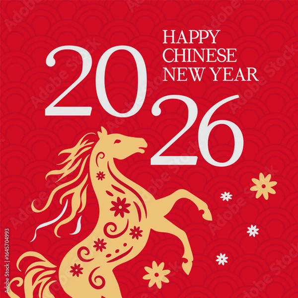 Fototapeta Chinese New Year 2026 greeting card design. Year of the Horse. Golden Horse Chinese Zodiac Symbol with pattern of flowers. Red background. Square composition.