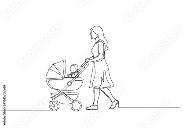 Obraz A young mother walks while pushing her baby in a modern stroller, depicted in a continuous single line drawing style.