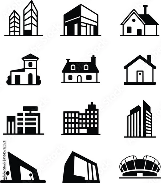 Obraz Modern building icon set, residential house vector, urban skyline, architectural elements, office, home, cityscape, silhouette style illustrations
