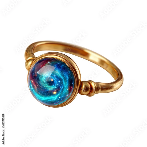 Fototapeta Celestial Galaxy Ring Gold Band with Sparkling Nebula Stone