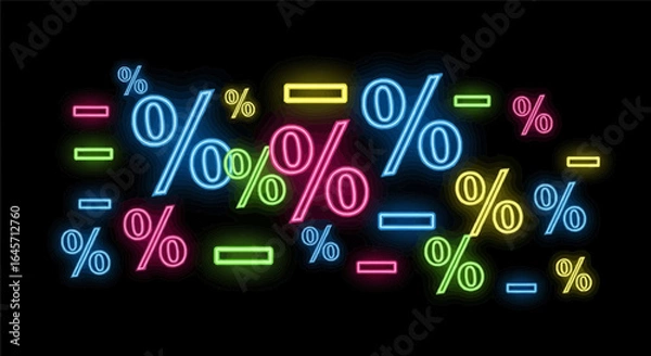 Fototapeta A vibrant collection of glowing neon percentage and minus signs in multiple colors, representing sales, discounts, and financial promotions on a dark background.