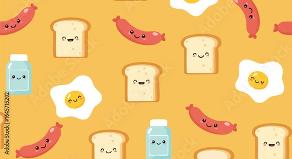 Fototapeta A cheerful pattern featuring adorable, smiling breakfast items: sausages, toast, eggs, and milk bottles on a vibrant yellow backdrop.