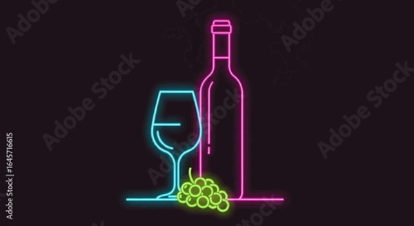 Fototapeta Vibrant neon light sign illustration of a wine bottle, a full glass, and a fresh cluster of grapes against a dark background.