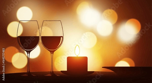Fototapeta Elegant still life of two wineglasses and a glowing candle against a beautiful golden bokeh light background, symbolizing romance and love.
