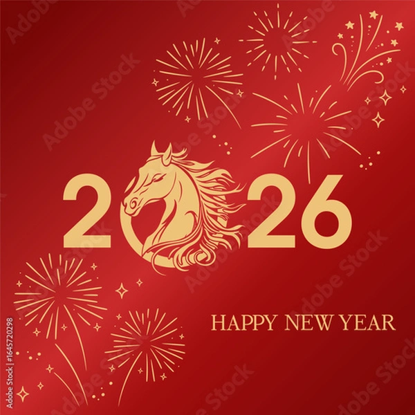Fototapeta Chinese New Year 2026 greeting card design. Year of the Horse. Golden Horse Chinese Zodiac Symbol with fireworks and stars. Gradient red background. Square composition.