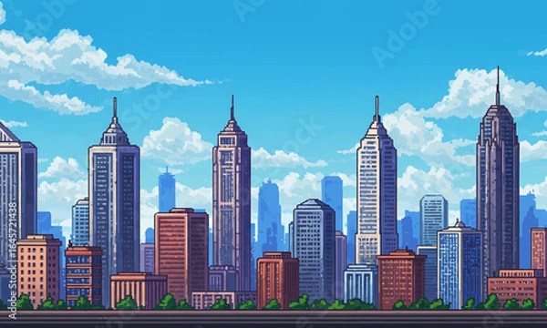 Obraz Day time cityscape pixel art. High buildings silhouette and clouds. 2d pixel video game background of daytime with modern skyscrapers in city. Seamless when docking horizontally.