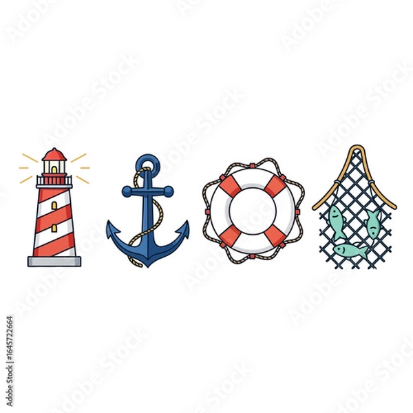 Fototapeta Nautical and maritime icon set featuring a lighthouse, anchor, lifebuoy, and a fishing net. Flat design vector illustration for sea travel concepts.