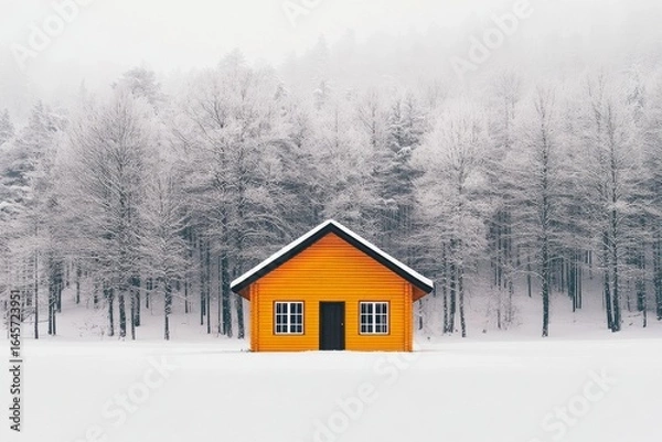 Fototapeta Snowy Landscape Showcasing an Orange Cabin Surrounded by Frosted Trees in a Winter Setting