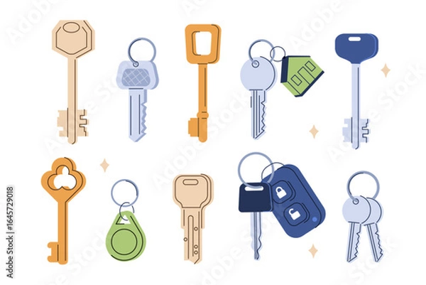 Fototapeta Various key blanks set. Apartment, home, car and other keys on keyholders. Locksmith service concept. Vector illustration.
